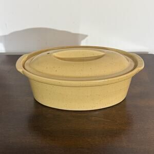 Vintage Grespots Digoin France Yellow Oval Stoneware Casserole Dish w Lid 11”